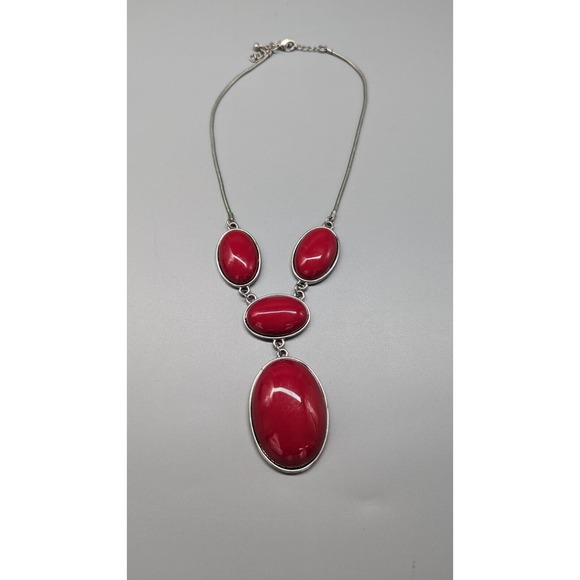 Red Acrylic Necklace Bracelet Set Pendant Silver Tone Chain Adjustable Necklace - Picture 2 of 10